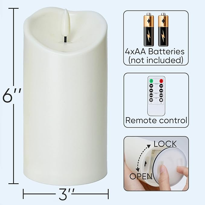 Homemory 6"x3" Outdoor Waterproof Flameless Candles, LED Candles, Battery Operated Candles with Remote and Timers, Electric Fake Plastic Pillar Candles, Ivory White, Set of 2-Ruum Studio Home