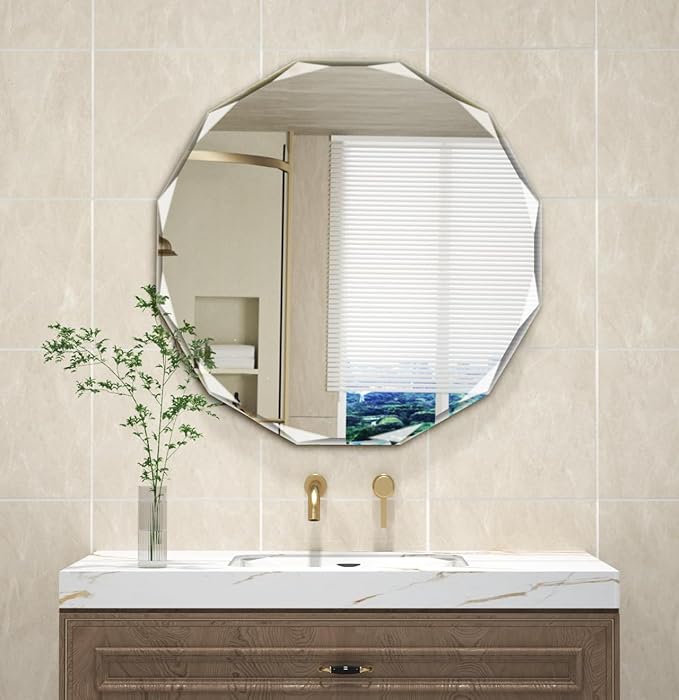 Single Beveled Edge Circle Mirror Frameless Wall Mount Bathroom Vanity Mirror, 30”-Ruum Studio Home