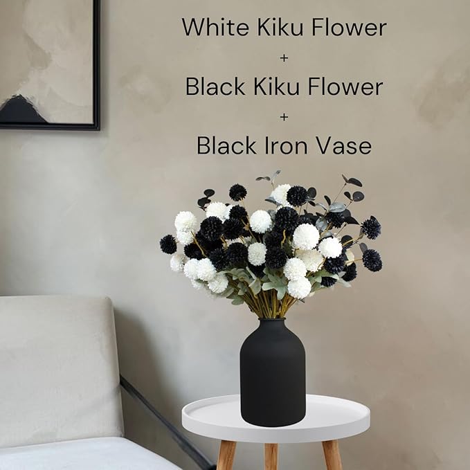 RyddeligHome Black Artificial Flowers for Centerpieces Bulk 10 Long Stems /50 Small Faux Silk Mum Balls + Black Eucalyptus Stems 2 Branches, Fall Boho Halloween Home Decor Indoor, Gothic Flowers-Ruum Studio Home