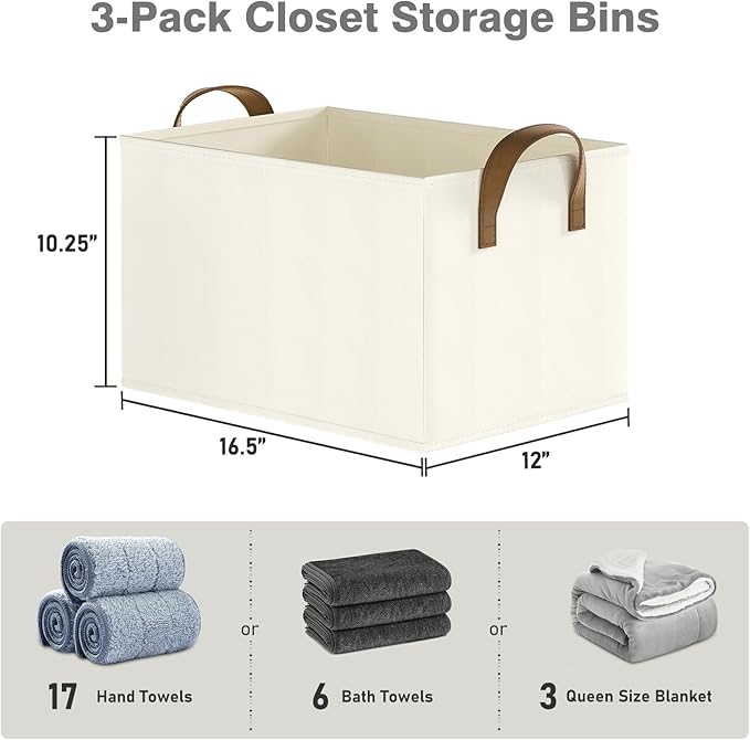 Closet Storage Bins, Fabric Closet Organizers and Storage Basket for Shelves, Collapsible Shelf Baskets for Organizing Shelves, Bedroom Clothes Basket, Beige, 3 Pack-Ruum Studio Home