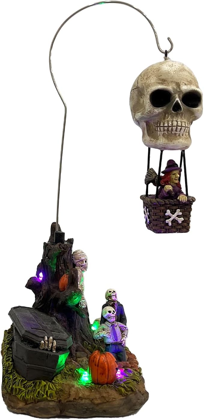 Animated Skull Balloon Ride Halloween Figurine | Spooky Town Collection Accessories with Multi-Color LED, Motion and Sound | 14.13 Inch-Ruum Studio Home