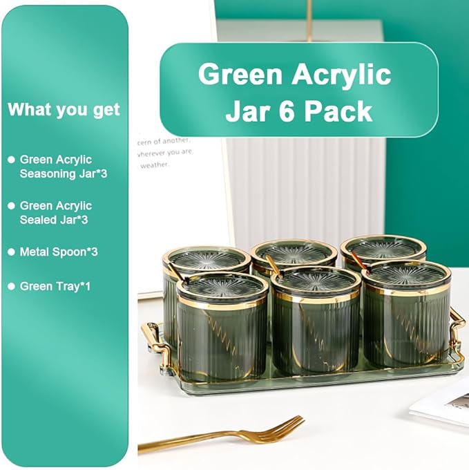 Acrylic Condiment Spice Jars,Condiment Spice Box With Lids and Spoons and Tray,Clear Plastic Condiment Canisters,Seasoning Box 6 Pack,Seasoning Box Set for Kitchen to Storage Salt,Paprika,Sugar-Ruum Studio Home