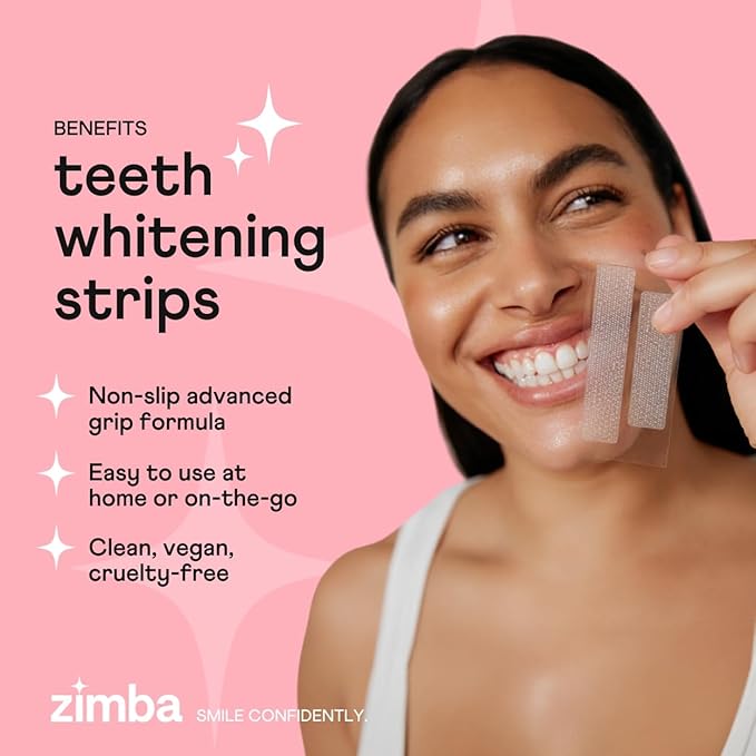 Zimba Teeth Whitening Strips Vegan Whitening Strip Enamel Safe Teeth Whitening Hydrogen Peroxide Teeth Whitener for Coffee, Wine, and Other Stains, 28 Strips (14 Day Treatment), Peach-Ruum Studio Home