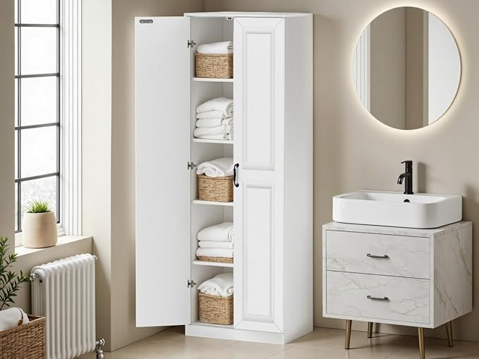 Storage Cabinet/Pantry cabinets, Soft White Finish, 71" Tall Wood Cupboard with 2 Door and 3 Adjustable Shelves for Kitchen, Dining Room, Living Room, Bathroom (Style 1)-Ruum Studio Home