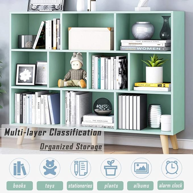 IOTXY Wooden Open Shelf Bookcase - 3-Tier Floor Standing Display Cabinet Rack with Legs, 10 Cubes Bookshelf, Tiffany-Green-Ruum Studio Home