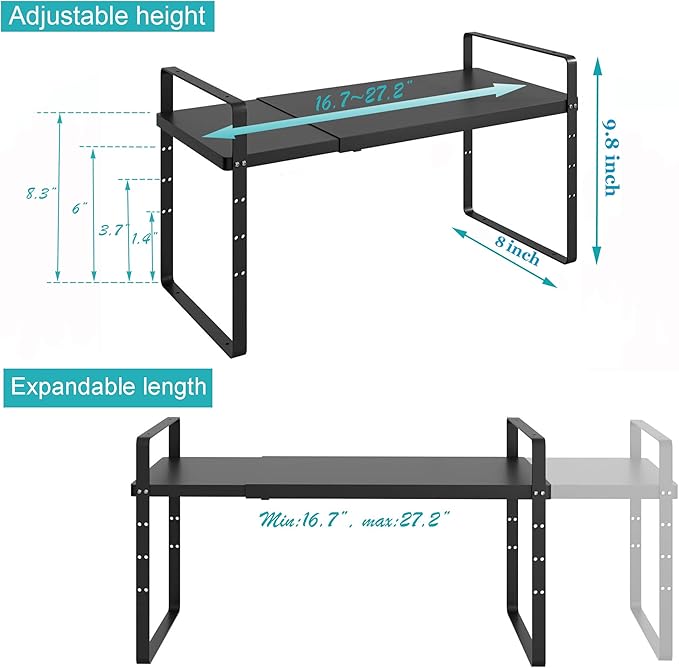 iPEGTOP Expandable Cabinet Storage Shelf Organizer Rack, Heavy Duty Cupboard Stand Spice Rack Adjustable Height Pantry Garage Shelf Space Riser for Counter Kitchen Organization, Black, 1 Pack-Ruum Studio Home