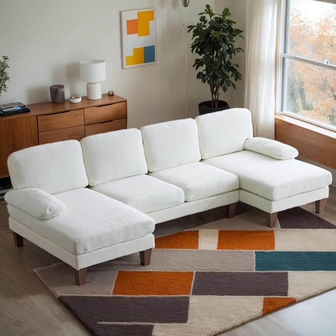Karl home U-Shape Sectional Sofa Couch 111" Modern 4-Seat Sofa with Chaises Chenille Fabric Upholstered Covertible Couch with Wood Grain Legs for Living Room, Reception Room, Apartment, Beige-Ruum Studio Home