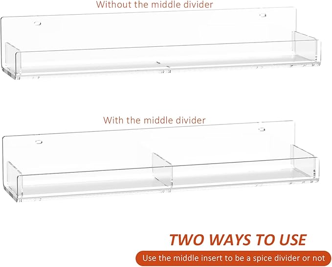 15 Inch Acrylic Spice Rack Wall Organizer Set of 3, Clear Acrylic Wall Shelf for Home Organizer, Floating Shelf for Bottle Display, Jars, Spice, Wine, Books, Toiletries-Ruum Studio Home