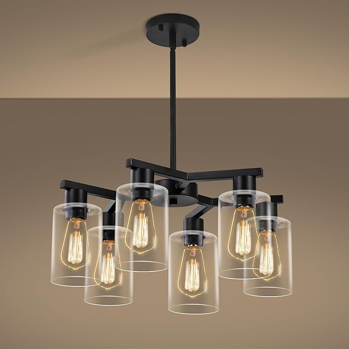 6-Light Modern Farmhouse Black Chandelier, Dining Room Light Fixture Over Table Adjustable Height Hanging Industrial Pendant Lights Kitchen Island, Clear Glass Shade-Ruum Studio Home