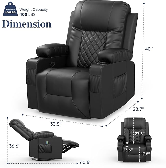 Recliner Chairs for Adults, FSC Certified Massage Rocker with Heated Modern Ergonomic Lounge 360 Degree Swivel Single Sofa Seat Living Room Lounge Recliners Black-Ruum Studio Home