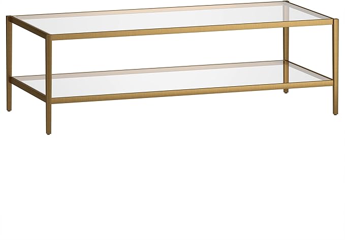 Henn&Hart 54" Wide Rectangular Coffee Table with Glass Shelf in Antique Brass, Modern coffee tables for living room, studio apartment essentials-Ruum Studio Home