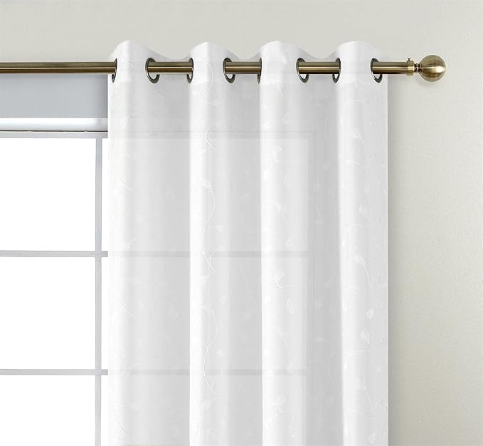 MIUCO Floral Embroidery Semi Sheer Curtains Faux Linen Grommet Window Curtains for Bedroom Living Room 63 Inch Length 2 Panels, Pure White-Ruum Studio Home
