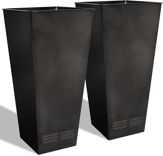 Worth Garden 28" H. Large Metal Glazed Planter Set of 2, Modern Glossy Finish Black Tall Square Tapered Steel Flower Plant Pots for Indoor & Outdoor Use - Insert Plate with Drain Holes, Air Vents-Ruum Studio Home