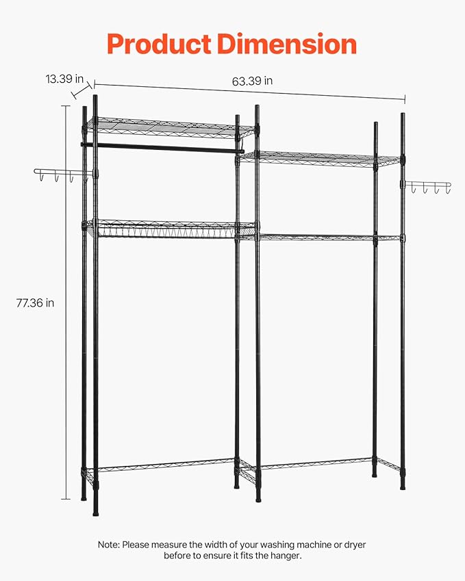 VEVOR Over The Washer and Dryer Storage Shelf, 4 Tier Laundry Room Drying Rack with Hanger Rod and Hooks, Adjustable Over Washer and Dryer Shelves, Laundry Room Shelf Storage Space Saver, Black-Ruum Studio Home