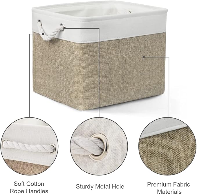 TheWarmHome Organization and Storage Basket for Gifts Empty - 16x12x12 inch Cube Storage bin 3 Pack Fabric Storage Cubes, Collapsible Baskets for Organizer Closet Cloth Gift Toy (White & Khaki)-Ruum Studio Home