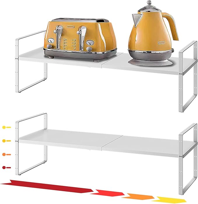 16.5~27.1" Expandable Shelf Organizer, 2Pack 8.1" Wide Stackable Cabinet Shelf Organizers, White Metal Sturdy Kitchen Counter Storage for Countertop, Adjustable Height Spice Rack-Ruum Studio Home