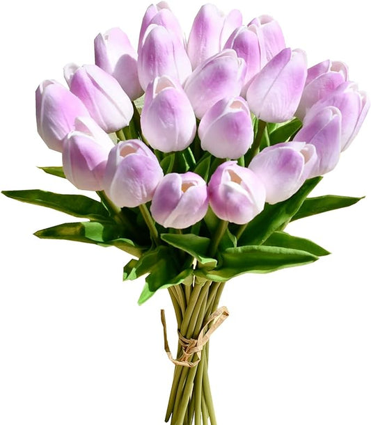 Mandy's Artificial Tulips 20 Stems Light Purple PU Faux Flowers for Wedding Home Decor 13.5 Inch-Ruum Studio Home