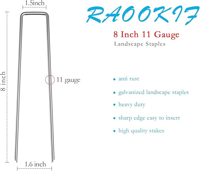 RAOOKIF 8 Inch Galvanized Garden Landscape Staples, 20/50/100/200Pcs Garden Metal Stakes, 11 Gauge Heavy Duty Ground Stakes for Decoration, Fence, Lawn, Fabric Pins-Ruum Studio Home