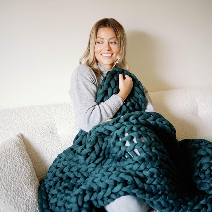 Nuzzie Chunky Knit Weighted Blanket - Breathable, Cooling, Hand Made Knit Throw Blanket for Sleep - Machine Washable, Stylish Decor Design (Forest Green, Queen | 28lbs | 80"x80")-Ruum Studio Home