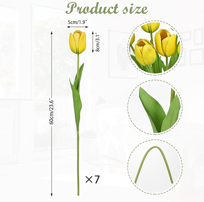 Artificial Tulips Flowers – 24" Long Stem Faux Tulips, 7PCS Real Touch Fake Yellow Tulip for Vase, Farmhouse, Kitchen, Spring & Wedding Home Decor-Ruum Studio Home