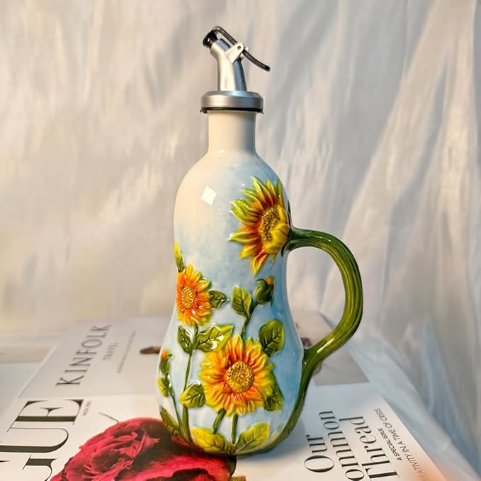 18 Oz Hand Painted Relief Ceramic Olive Oil Bottle Dispenser for Kitchen, Oil and Vinegar Bottle, Seasoning Bottle with Stainless Steel Nozzle, 540mL Oil Container with Handle for Cooking, Light Proof-Ruum Studio Home