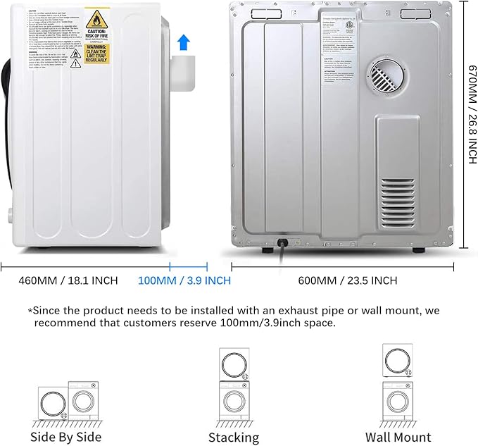 CTT 3.5 Cu. Ft. Clothes Dryer, 1500W Electric Dryers for Clothes, 110V Electric Clothes Dryer with Stainless Steel Drumble for 13.2 lbs. with 4 Automatic Drying Modes (White)-Ruum Studio Home