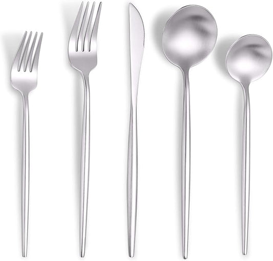 Matte Silverware Set for 8,Modern Stainless Steel Brushed Cutlery Set,40-Pieces Heavy Duty Flatware Set,Knives Spoons and Forks Set Utensils Set, Satin Finish, Dishwasher Safe-Ruum Studio Home
