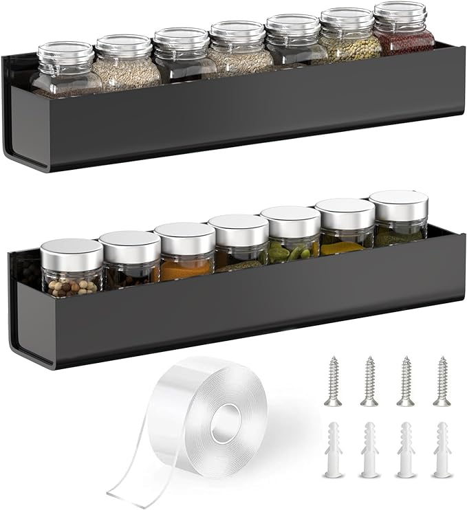 PMMASTO Adhesive Acrylic Spice Rack Organizer for Wall with Nano Double Sided Tape, Spice Shelf Organization for Kitchen Cabinet Door/Pantry Door, Wall Mount Seasoning Rack (Black-2 Pack)-Ruum Studio Home