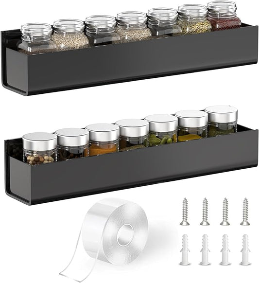 PMMASTO Adhesive Acrylic Spice Rack Organizer for Wall with Nano Double Sided Tape, Spice Shelf Organization for Kitchen Cabinet Door/Pantry Door, Wall Mount Seasoning Rack (Black-2 Pack)-Ruum Studio Home