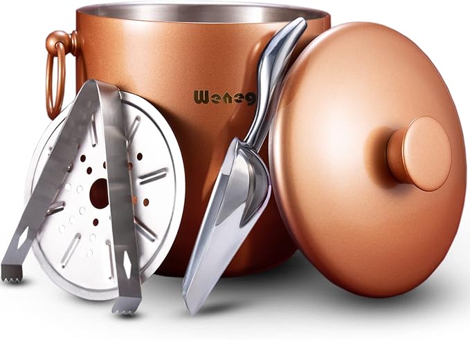 Ice Bucket with Lid, Scoop, Tongs and Strainer - Well Made Insulated Stainless Steel Keep Ice Frozen Longer - Ideal for Cocktail Bar, Parties, Chilling Wine, Champagne - 3 Liter (Copper)-Ruum Studio Home