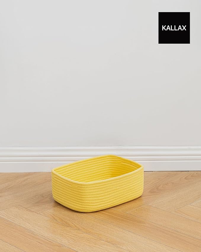 KALLAX Small Woven Basket, 12 x 8 x 4.5 Inches, Storage Basket for Organizing, Cute Small Rope Shelf Closet Cube Storage Bins Baskets for Shelves, Dog Toy Gift Baskets Empty, 3 Pack Yellow-Ruum Studio Home