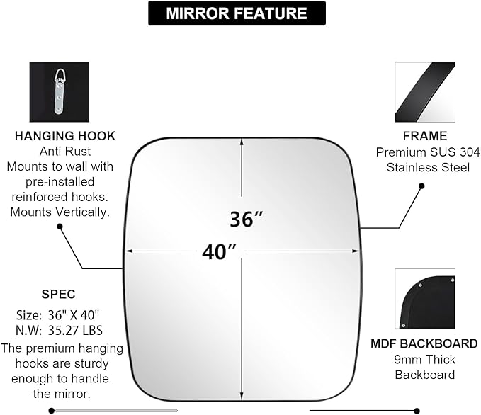 ANDY STAR Black Oblong Mirror, 36x40 Inch Black Oval Mirror for Bathroom with Stainless Steel Metal Frame, Wall Mouned for Bathroom, Living Room, Entryway-Ruum Studio Home