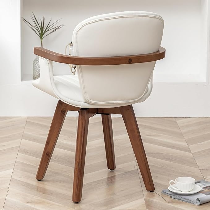 LUNLING Swivel Dining Chairs, Mid Century Modern White Faux Leather Kitchen Chairs with Arms,Bamboo Legs Side Chairs No Wheels,Accent Chair for Dining Rooms and Offices,1PCS-Ruum Studio Home