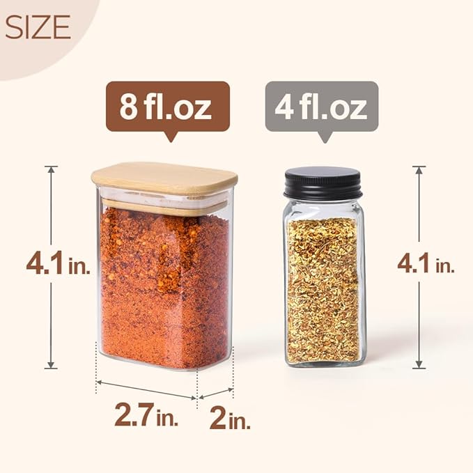 Comsaf Spice Jars with Label，8 oz Small Glass Jars with Lids, 6 Pcs Seasoning Containers, Rectangle Glass Containers with Lids, Empty Seasoning Jars for Pantry Storage, Loose Tea, Herbs, Powders, Salt-Ruum Studio Home