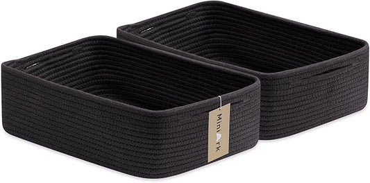 Large Shallow Organizing Baskets 15x11x5.1 Inches - Rope Woven Storage Bins for Bathroom, Shelves, Cube Closet, Black 2 Packs-Ruum Studio Home