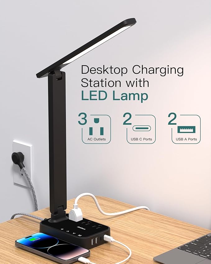 Addtam LED Desk Lamp, Power Strip with 3 Outlets 4 USB Charging Ports(2 USBC), 4 Modes 5 Level Brightness Touch Lamp, Small Desk Lamp for Home Office College Dorm Room Essentials-Ruum Studio Home