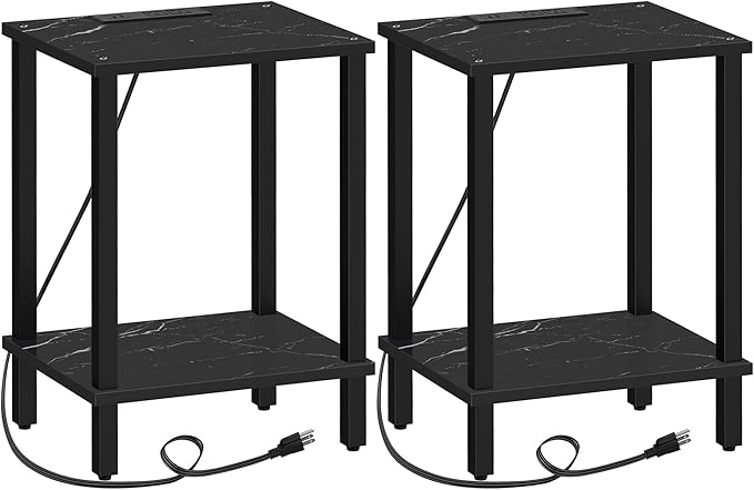 TUTOTAK End Table with Charging Station, Set of 2, Small Side Table, Nightstand Bedside Table, 2-Tier Storage Shelf for Small Space, Living Room, Bedroom Marble Black TB01BMK041-Ruum Studio Home