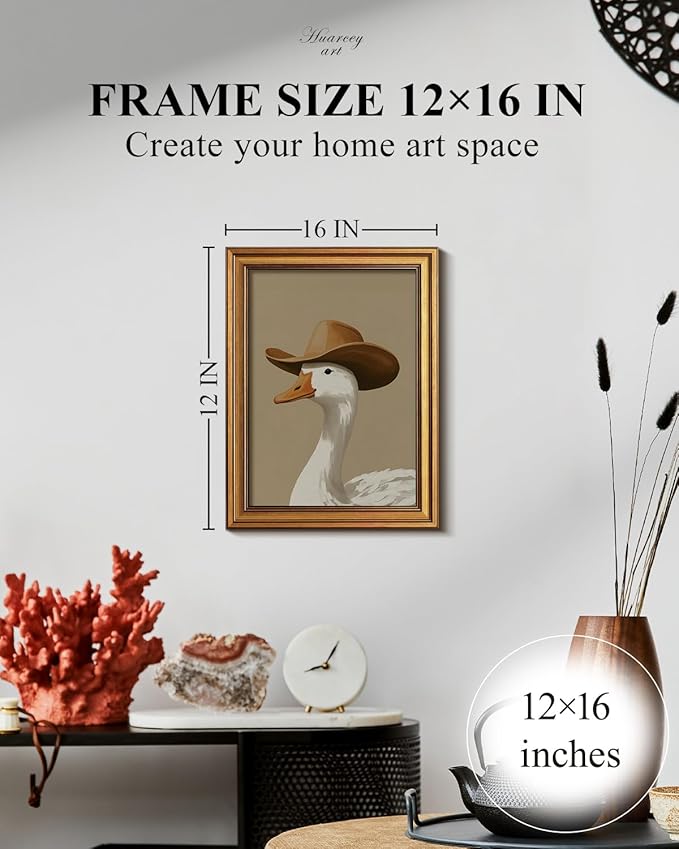 HUARCEY Gold Framed Vintage Wall Art for Living Room, Trendy Duck Canvas Print Wall Decor Maximalist Eclectic Artwork Gallery Picture Oil Painting Boho Western Cowboy Decor Bedroom Bathroom 12"x16"-Ruum Studio Home