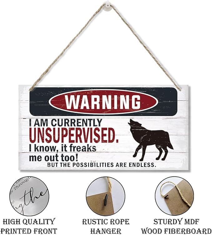 Warning Sign, Unsupervised Warning Wood Plaque Sign, Funny Door Signs, Decorative Wood Hanging Suspension Plaque, Farmhouse Wooden Wall Decor, Outdoor Hanging Wooden Signs-Ruum Studio Home