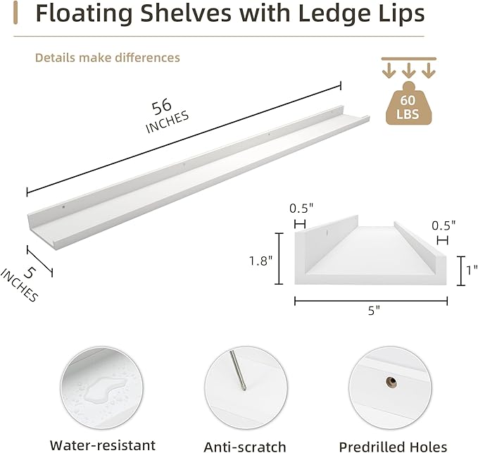 Picture Ledge Shelf, Wood Long Floating Shelves for Wall, Set of 2, 56 inch Picture Ledge Shelves, Photo Ledge Nursery Book Shelves Wall Mounted for Living Room Kids' Room Bedroom, Color White-Ruum Studio Home