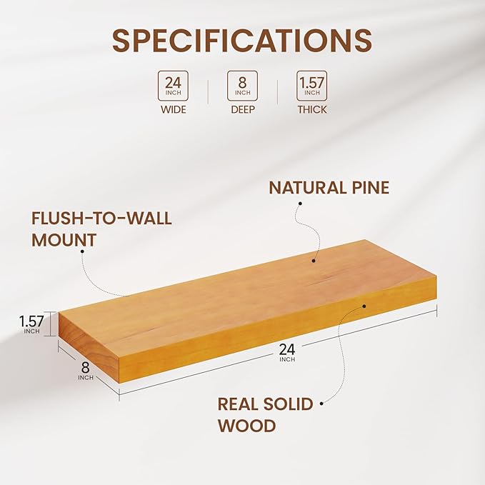 Honey Oak Brown Floating Wall Shelves 24 Inches Long x 8”x 1.4” Wooden Shelf Floating Rustic Farmhouse Decor, Heavy Duty Shelf Hold 60 lbs, Wall Shelves for Bathroom Living Room Kitchen Bedroom Office-Ruum Studio Home