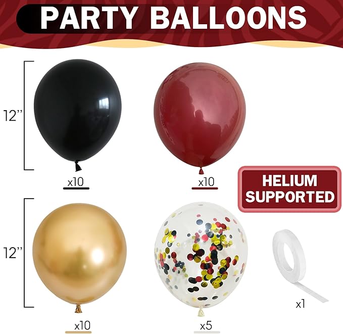 Black Burgundy Gold Balloons 12 Inch Burgundy Maroon Red Black Metallic Gold Latex Confetti Balloon for Kids Graduation Birthday Baby Shower Party Decoration-Ruum Studio Home