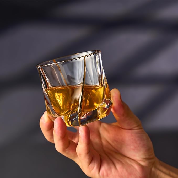 Crystal Whiskey Glasses Set of 2 with 24K Gold Rim,Bar Glasses,Twisted Whiskey Glass Gold Collection for Bourbon,Scotch and Wine,Rock Barware for Men Gift - 8oz-Ruum Studio Home