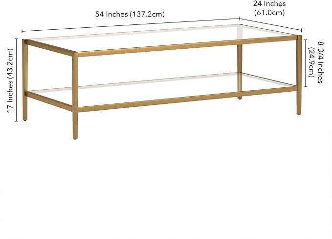 Henn&Hart 54" Wide Rectangular Coffee Table with Glass Shelf in Antique Brass, Modern coffee tables for living room, studio apartment essentials-Ruum Studio Home