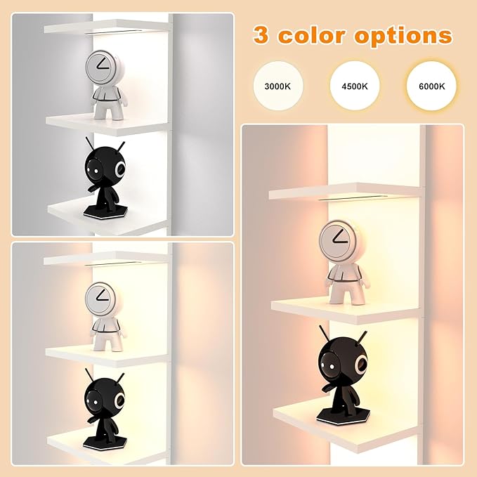 5 Tier Wall Shelf with Light, White Modern Vertical Lack Wall Shelves, Wall Mount, Floating Column Home Decor Shelves for Bedroom, Living Room, Vanity Storage Display-Ruum Studio Home