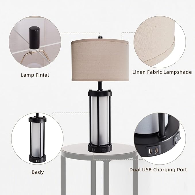 RORIA Set of 2 Modern Table Lamps for Living Room with 2 USB Ports, White Frosted Glass Nightlight for Bedroom, Contemporary Desk Lamps for Nightstand End Table Entryway, 4 Bulbs Included (Black)-Ruum Studio Home