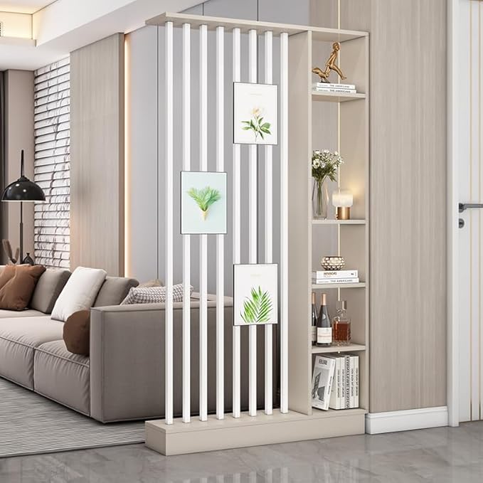 Wall Room Divider, Storage Cabinet Storage Display with Shelves, Modern Freestanding Wood Room Divider Screen, Wall Privacy Screens for Home Decorative (Beige+White,43.3" L x 9.5" W x 79.5" H)-Ruum Studio Home