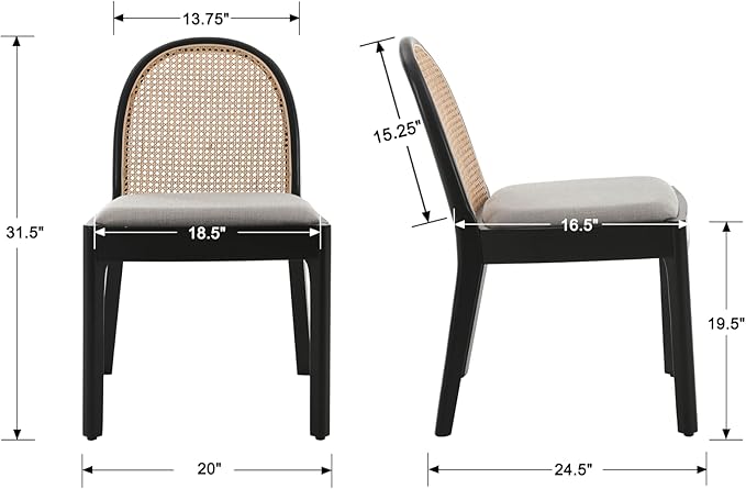 Mid Century Dining Chairs Set of 4, Accent Rattan Side Chairs Linen Fabric Kitchen Chair with Solid Wooden Legs for Living Room Dining Room, Grey-Ruum Studio Home