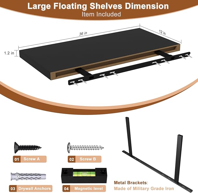 12 Inch Deep Floating Shelves for Wall 3 Pack Floating Shelves Large Storage Space Wall Mount Shelf for Living Room Kitchen Bathroom 36" W x 12" D x 1.2" H Black-Ruum Studio Home