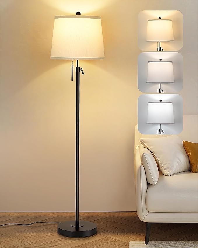 Black Floor Lamps for Living Room Adjustable Height Standing Lamp Modern Tall Pole Lamps for Bedroom Office with White Linen Shade 3 Color Temperature 9W LED Bulb Included-Ruum Studio Home
